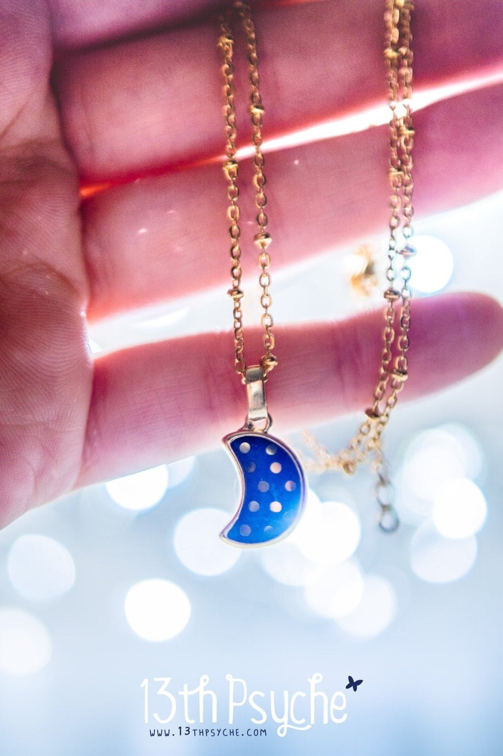 Handmade Polka dot crescent blue moon necklace - 13th Psyche