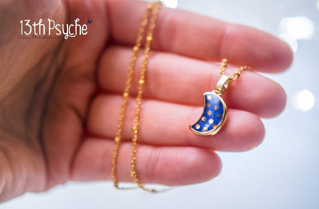 Handmade Polka dot crescent blue moon necklace - 13th Psyche