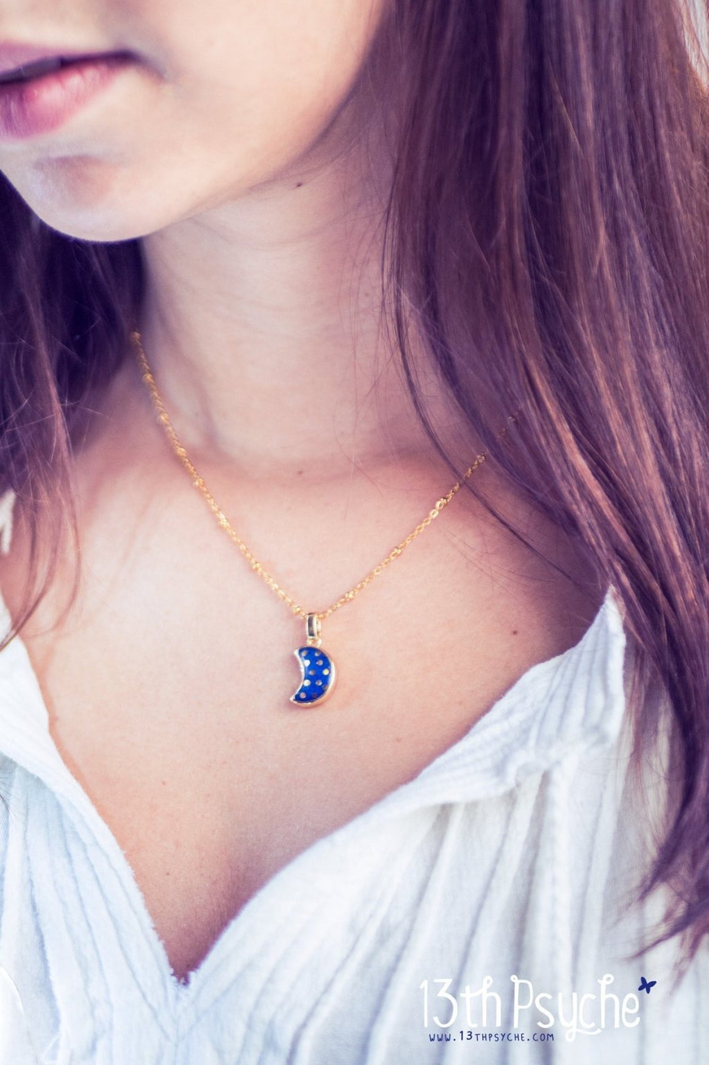 Handmade Polka dot crescent blue moon necklace - 13th Psyche