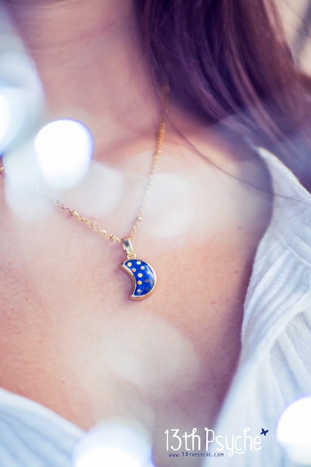 Handmade Polka dot crescent blue moon necklace - 13th Psyche