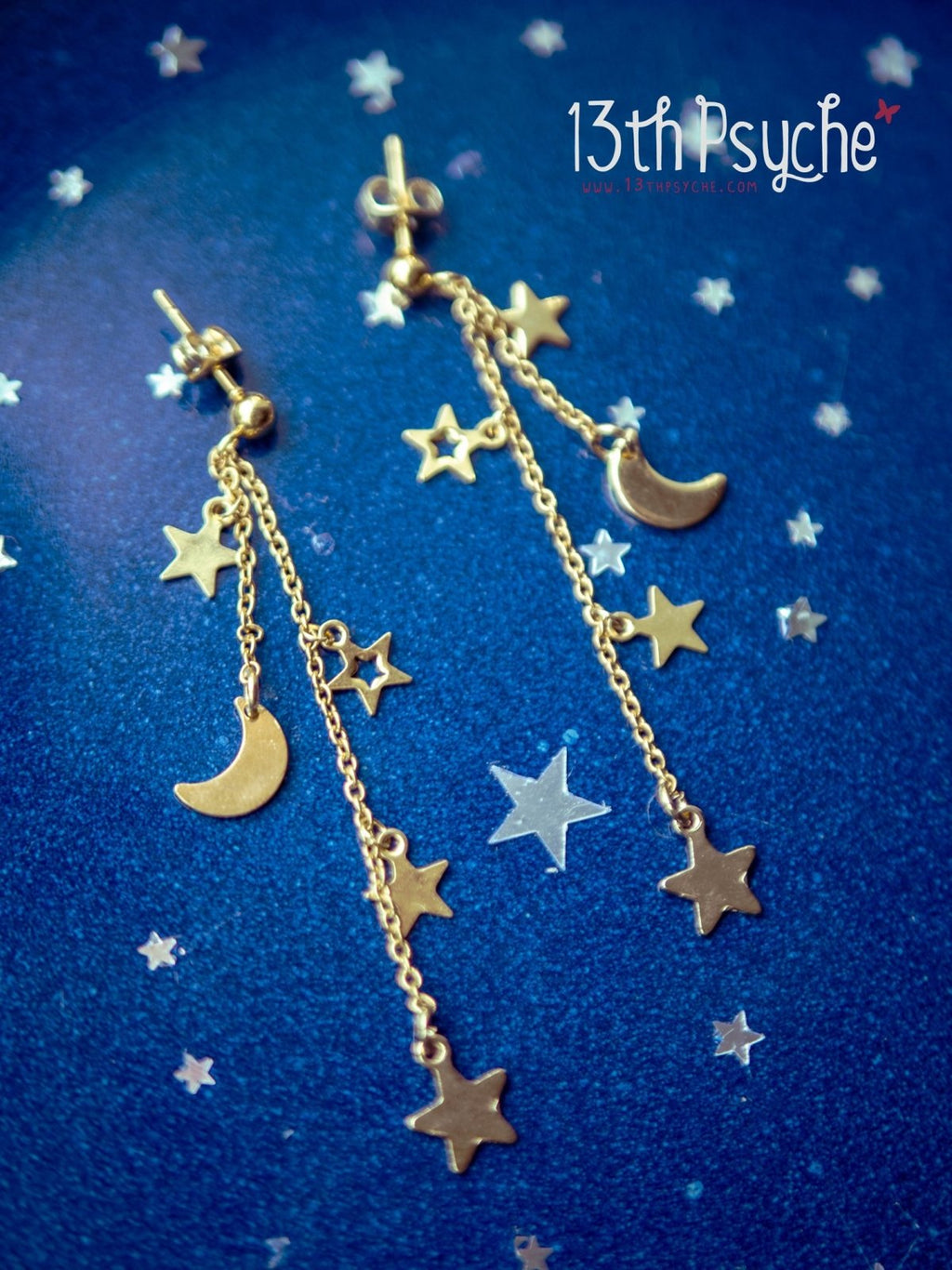 Handmade Gold moon and stars dangle earrings - 13th Psyche