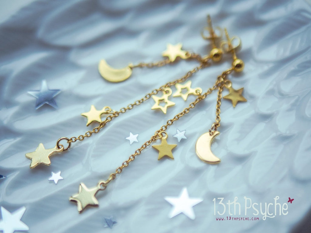 Handmade Gold moon and stars dangle earrings - 13th Psyche