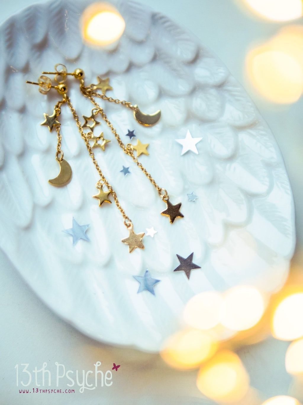Handmade Gold moon and stars dangle earrings - 13th Psyche