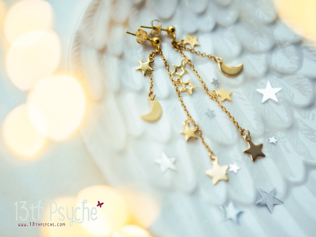 Handmade Gold moon and stars dangle earrings - 13th Psyche