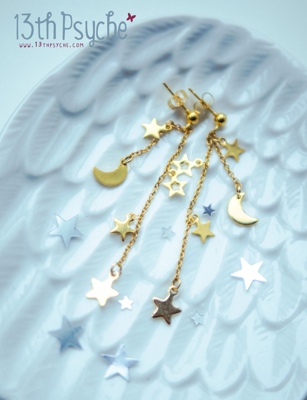 Handmade Gold moon and stars dangle earrings - 13th Psyche