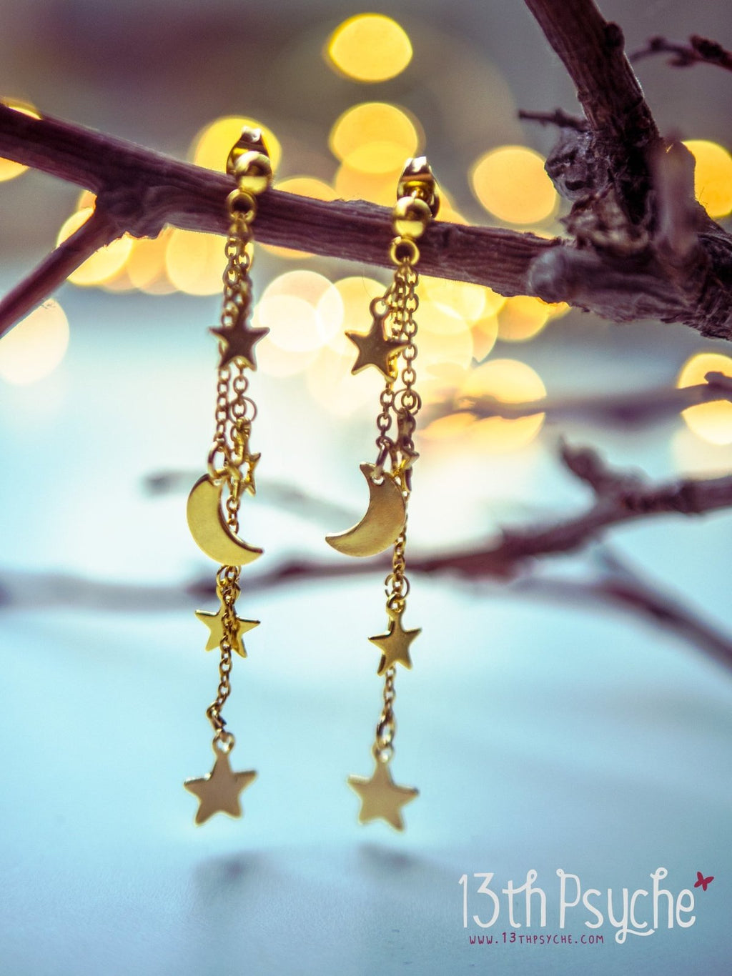 Handmade Gold moon and stars dangle earrings - 13th Psyche