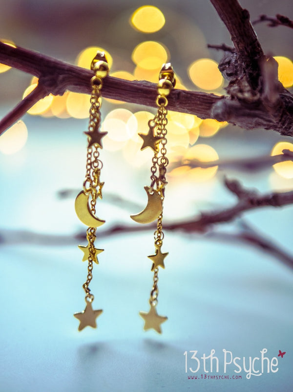 Handmade Gold moon and stars dangle earrings - 13th Psyche