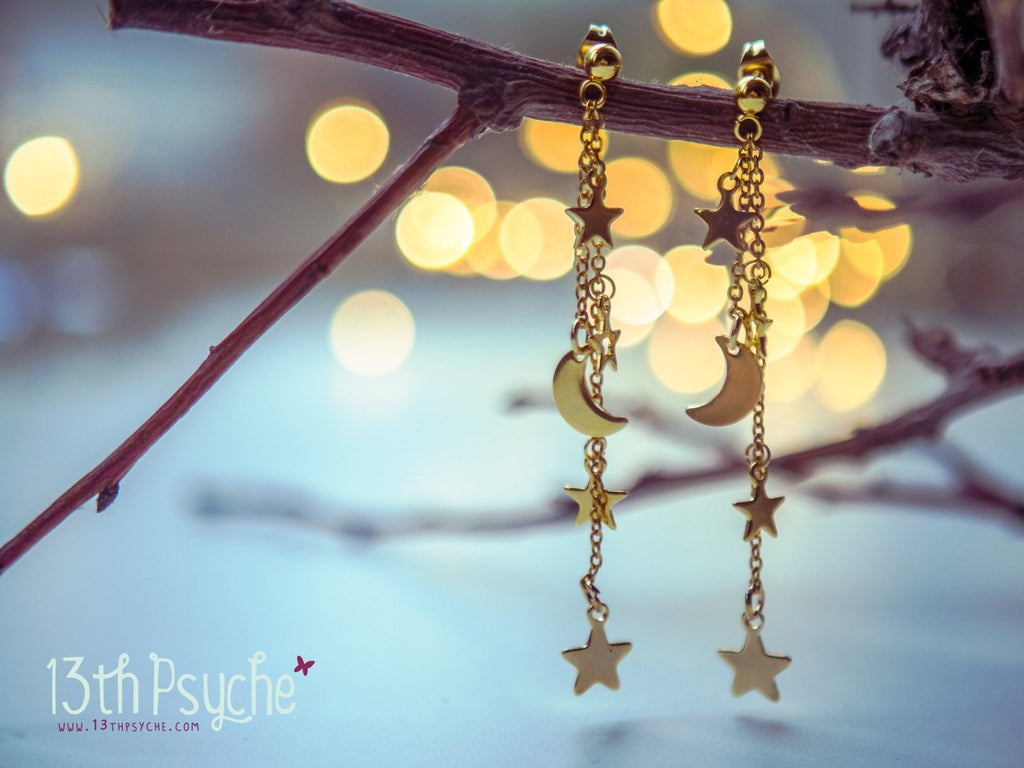Handmade Gold moon and stars dangle earrings - 13th Psyche
