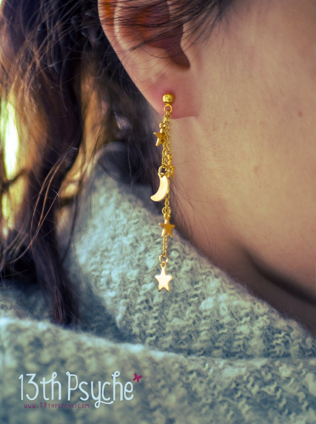 Handmade Gold moon and stars dangle earrings - 13th Psyche