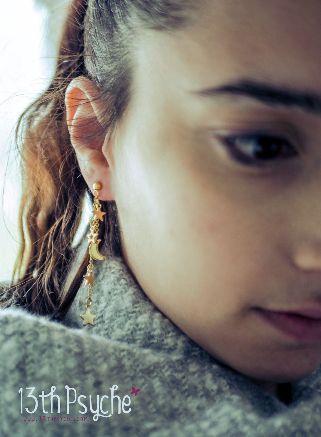 Handmade Gold moon and stars dangle earrings - 13th Psyche
