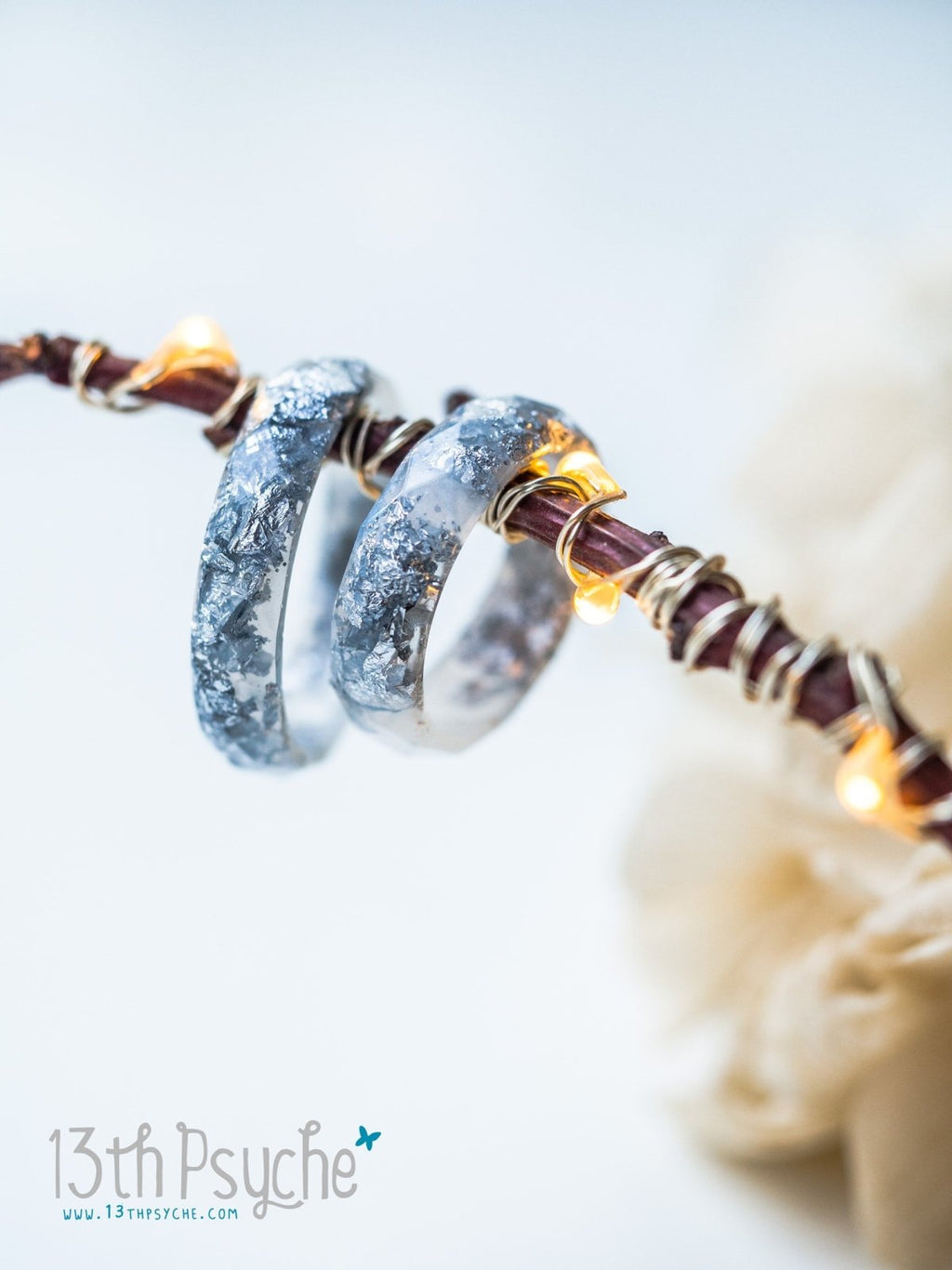 Handmade Pearl white and silver flakes faceted resin ring - 13th Psyche