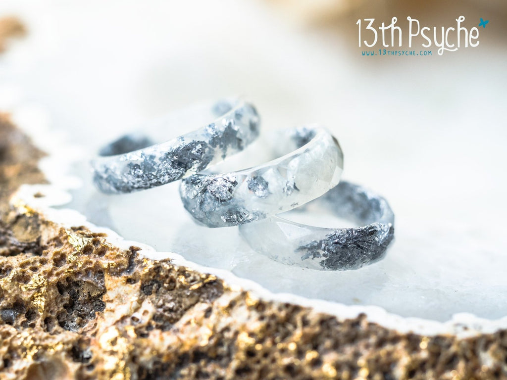 Handmade Pearl white and silver flakes faceted resin ring - 13th Psyche