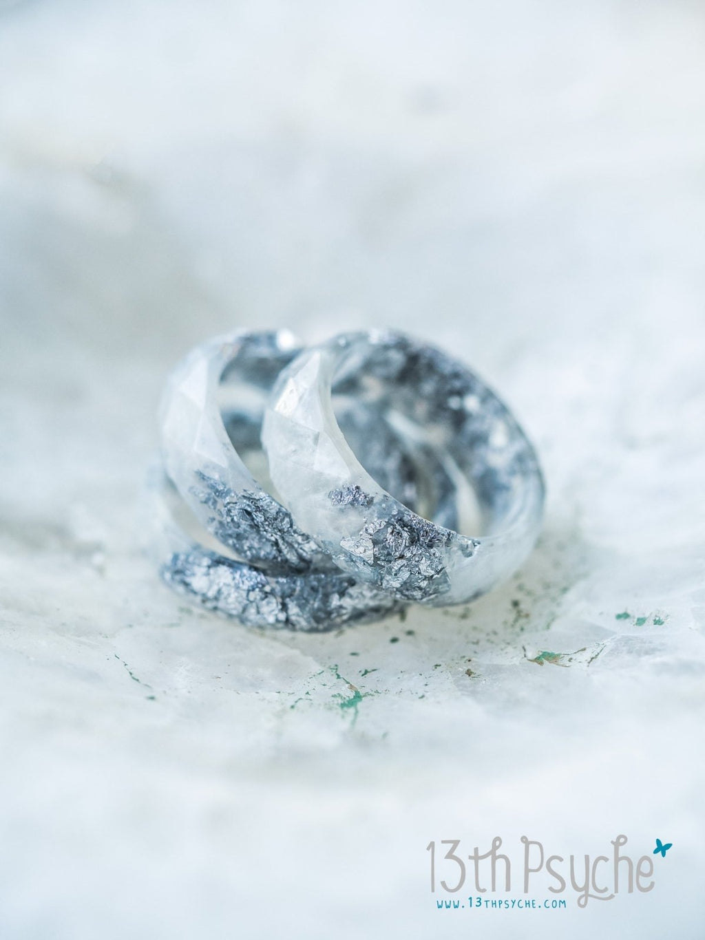 Handmade Pearl white and silver flakes faceted resin ring - 13th Psyche