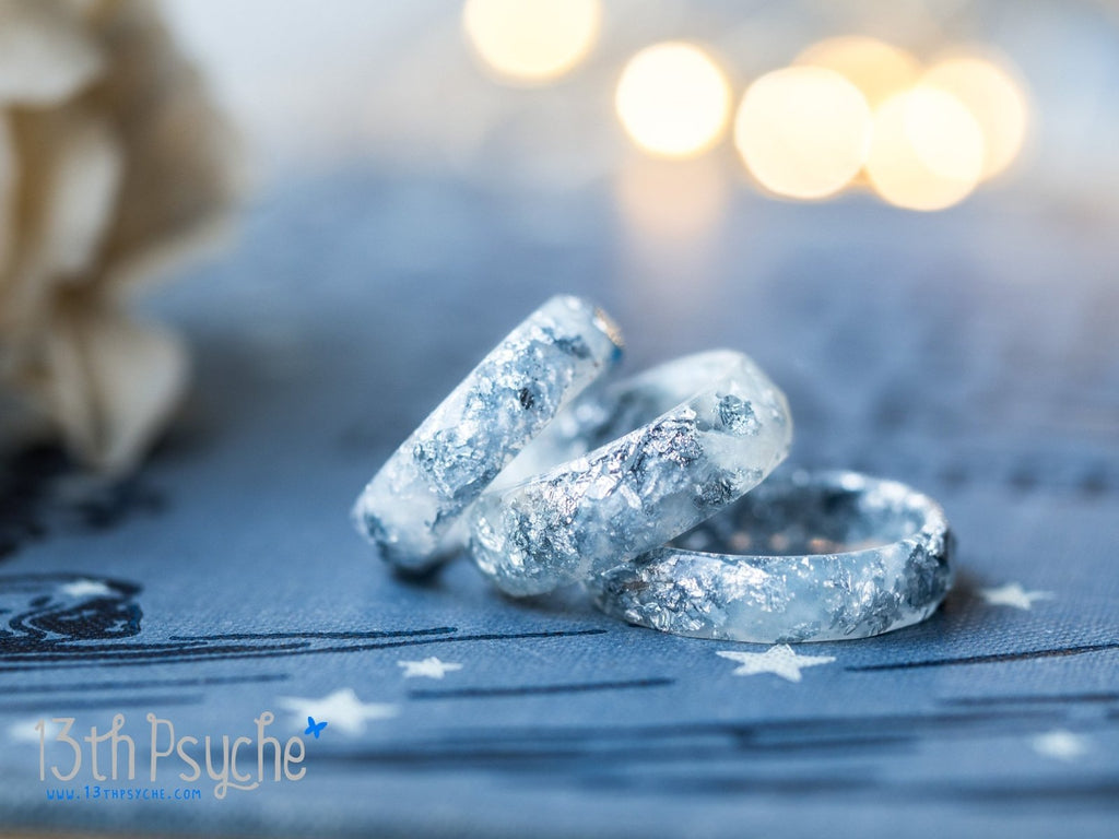 Handmade Pearl white and silver flakes faceted resin ring - 13th Psyche
