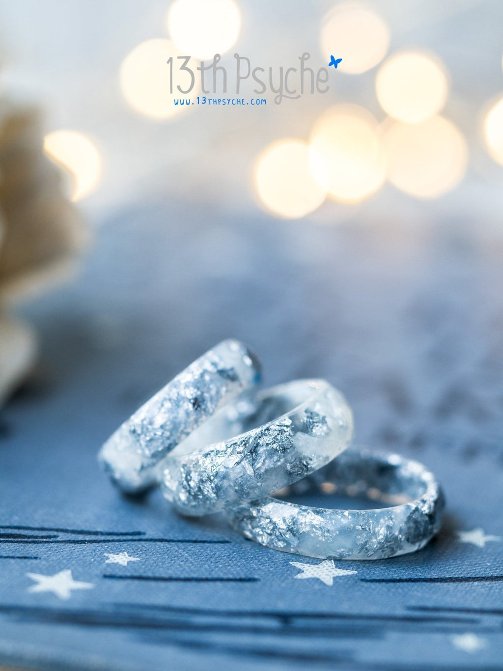 Handmade Pearl white and silver flakes faceted resin ring - 13th Psyche