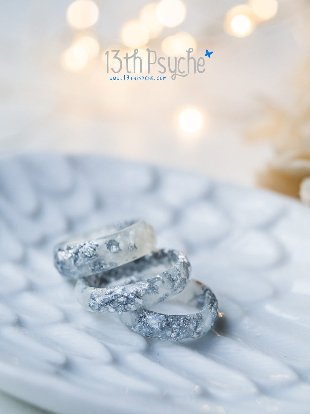 Handmade Pearl white and silver flakes faceted resin ring - 13th Psyche