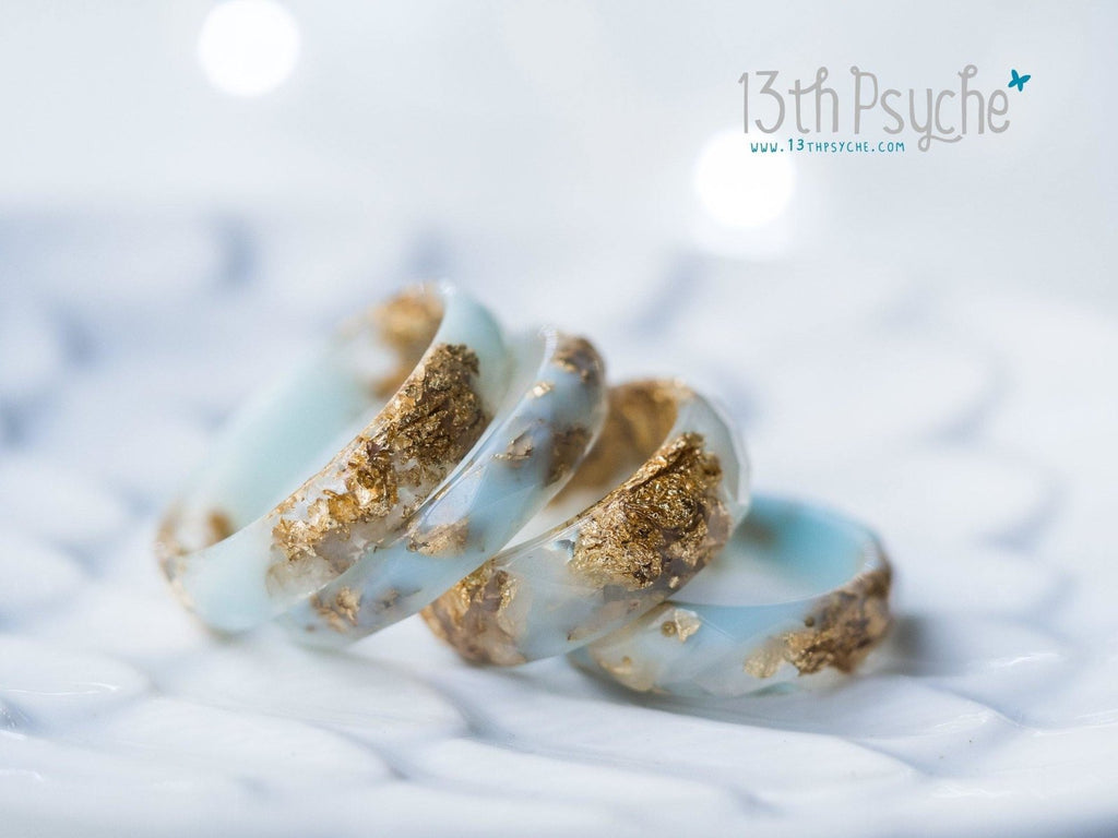 Handmade Clear and Pale blue faceted resin ring with gold flakes - 13th Psyche