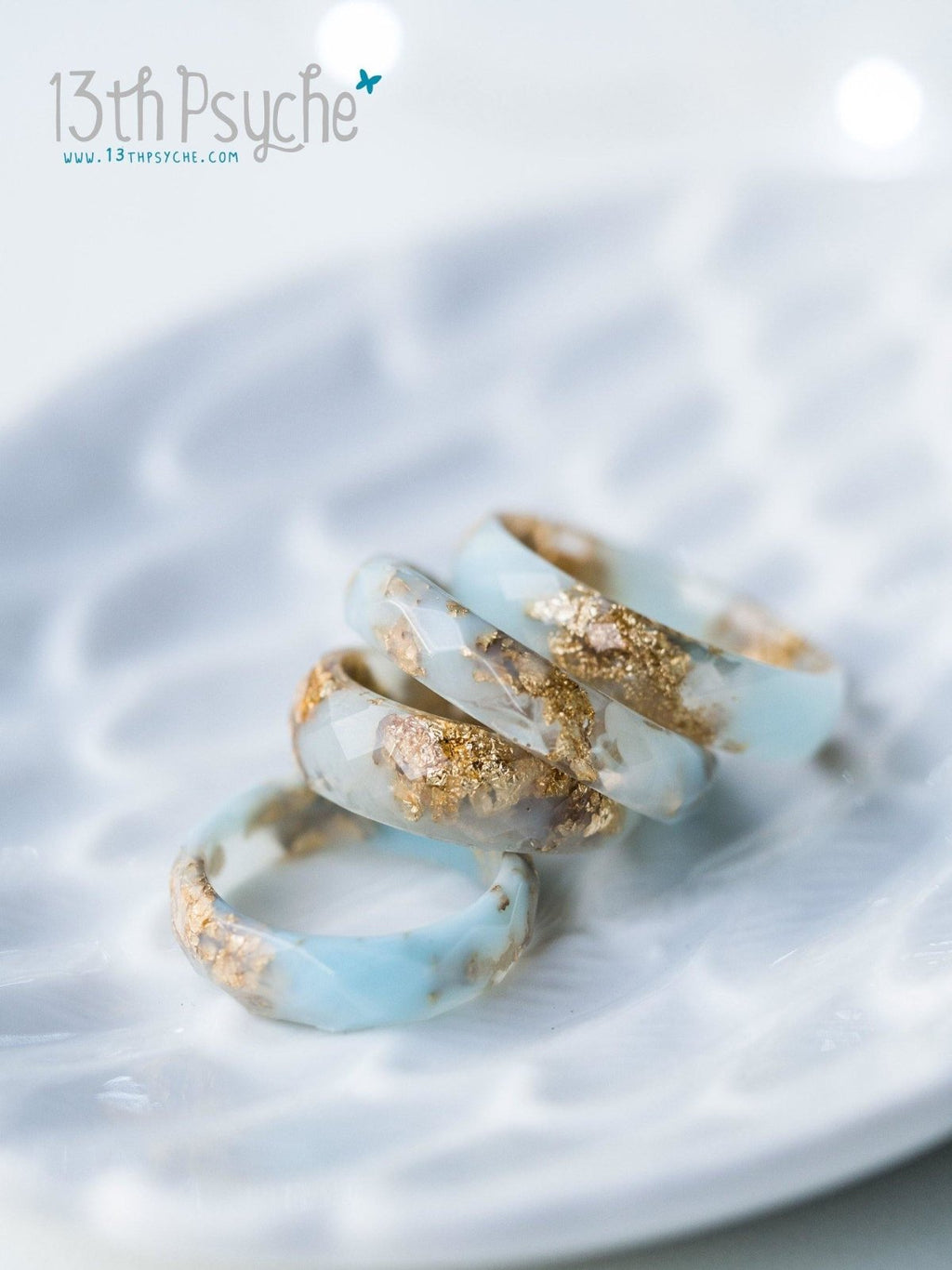 Handmade Clear and Pale blue faceted resin ring with gold flakes - 13th Psyche