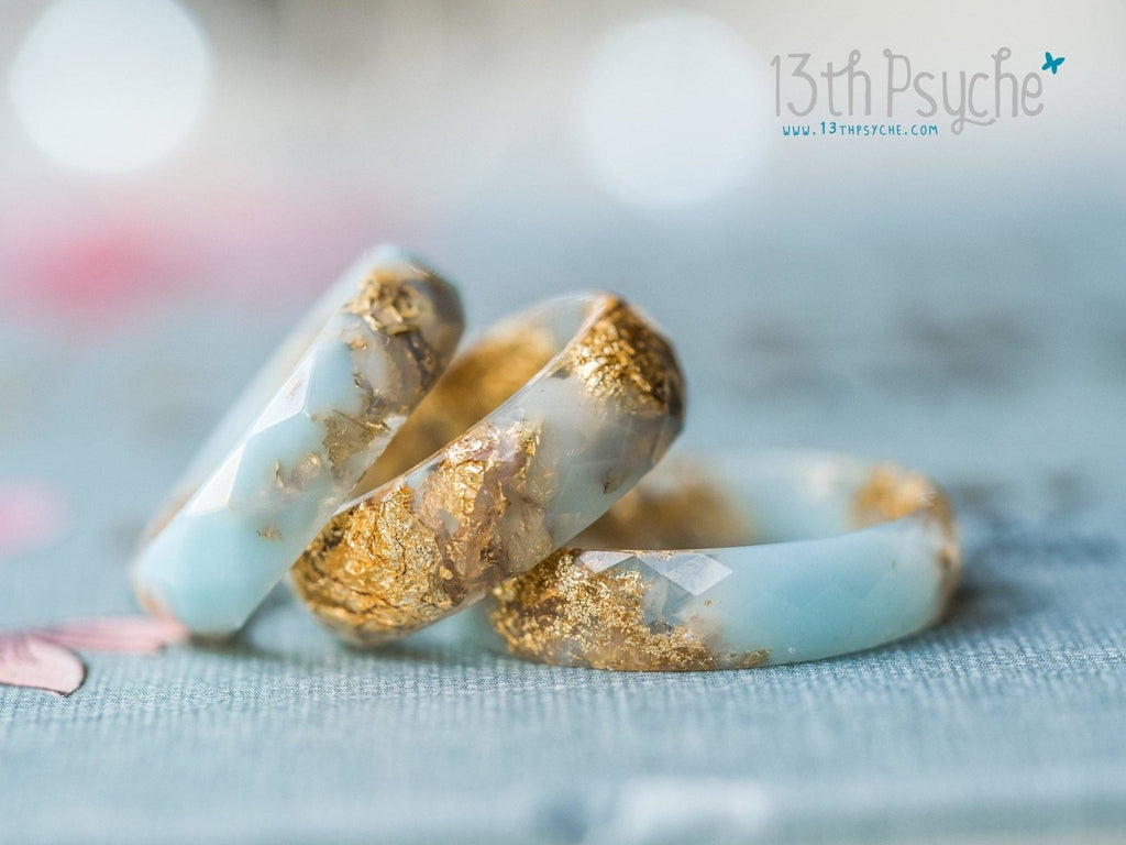 Handmade Clear and Pale blue faceted resin ring with gold flakes - 13th Psyche