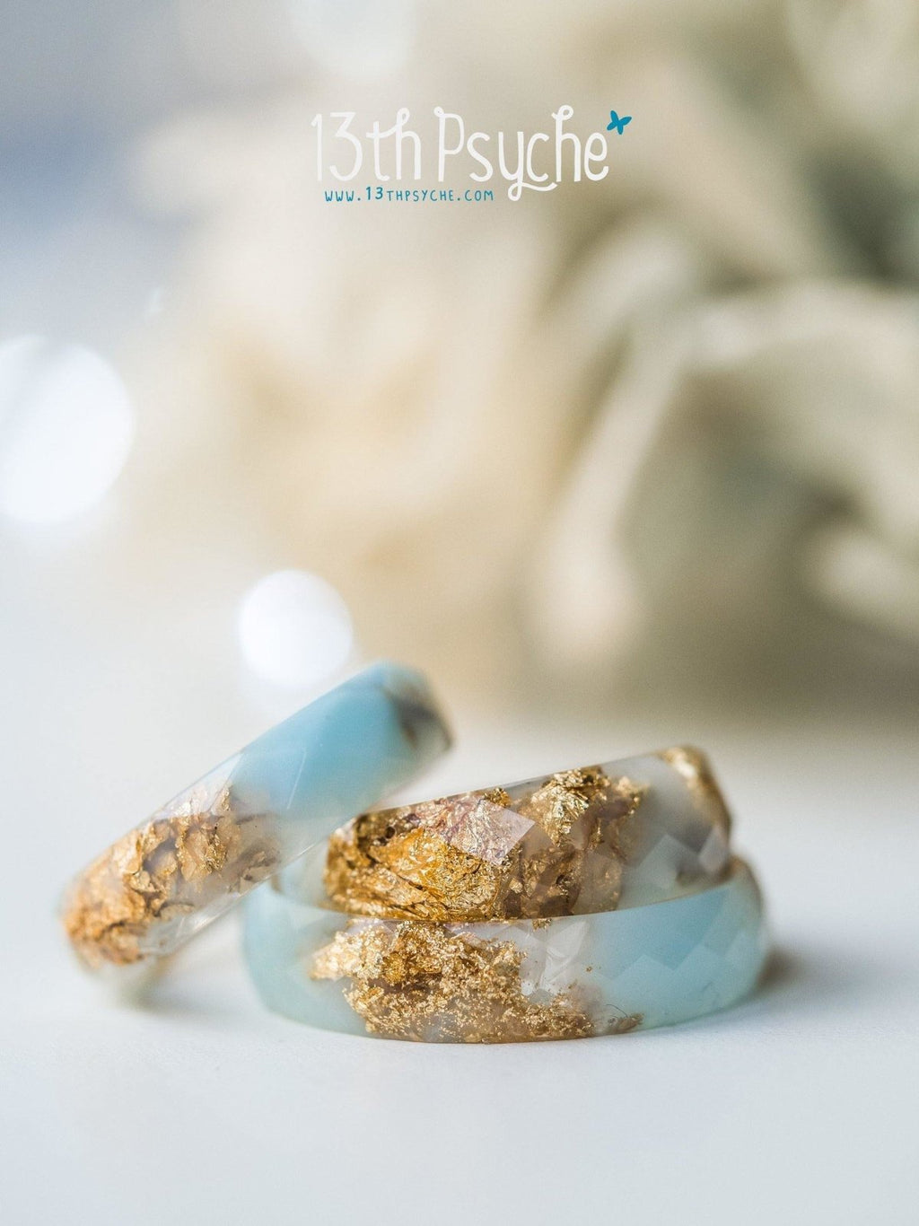 Handmade Clear and Pale blue faceted resin ring with gold flakes - 13th Psyche