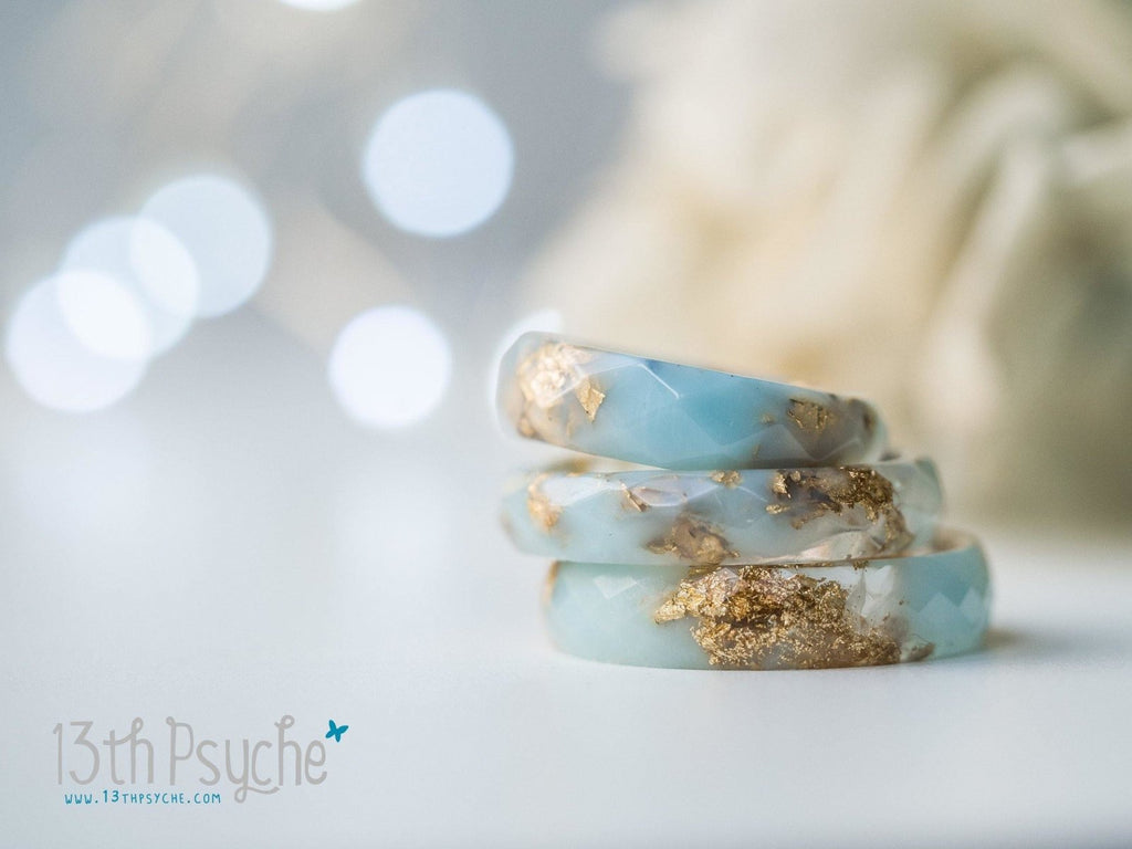 Handmade Clear and Pale blue faceted resin ring with gold flakes - 13th Psyche