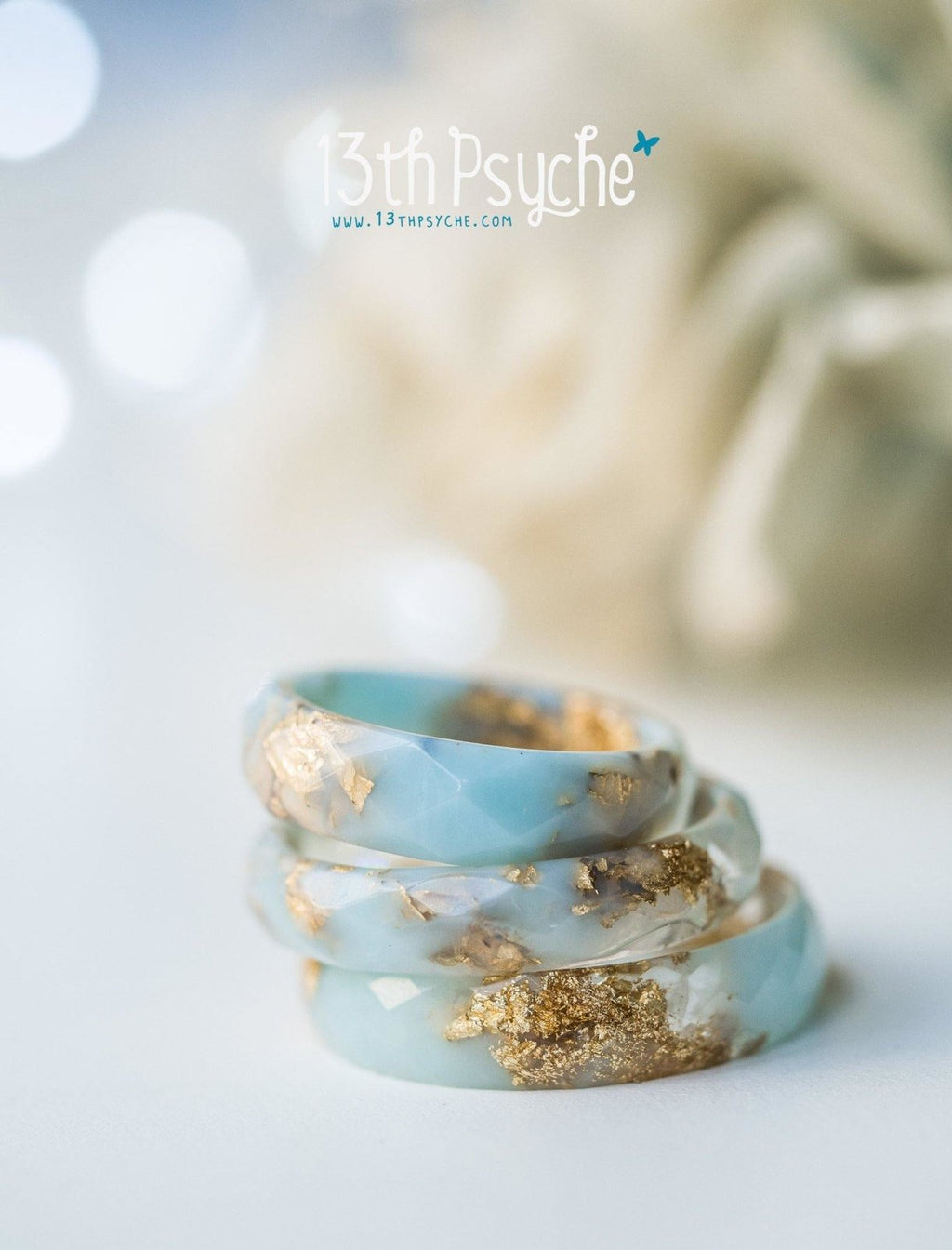 Handmade Clear and Pale blue faceted resin ring with gold flakes - 13th Psyche