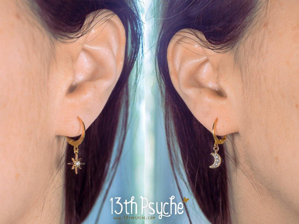Handmade Cubic Zirconia moon and star gold huggie hoop earrings - 13th Psyche