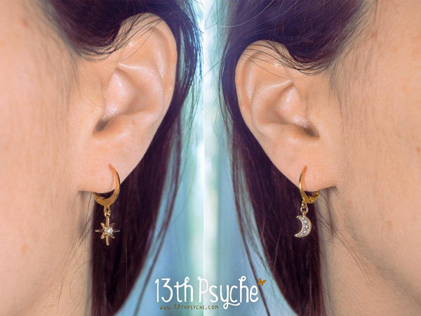 Handmade Cubic Zirconia moon and star silver huggie hoop earrings - 13th Psyche