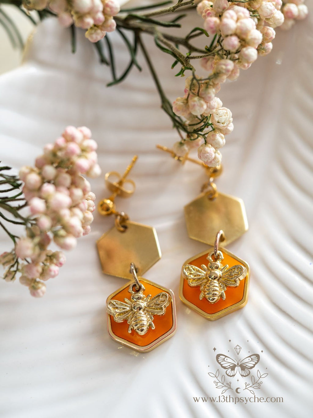 Handmade Amber hexagon and bee earrings - 13th Psyche