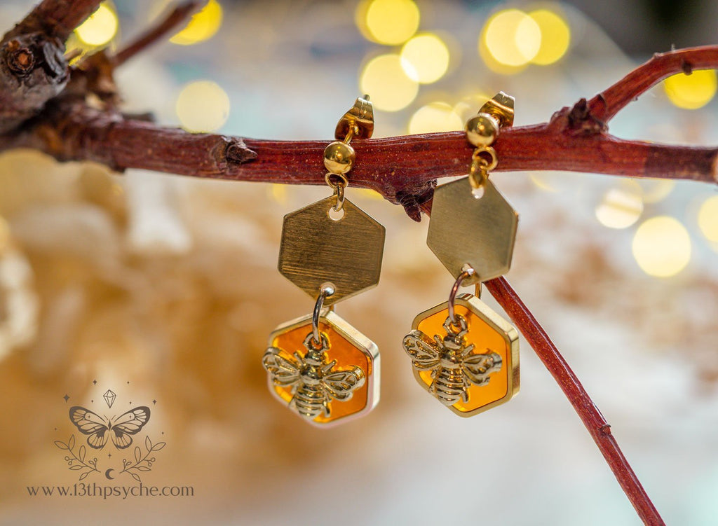 Handmade Amber hexagon and bee earrings - 13th Psyche
