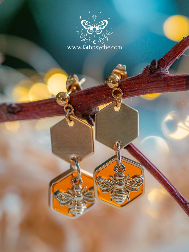 Handmade Amber hexagon and bee earrings - 13th Psyche