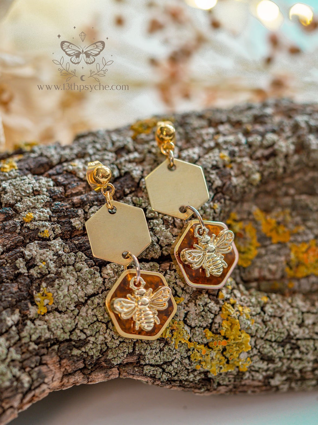 Handmade Amber hexagon and bee earrings - 13th Psyche