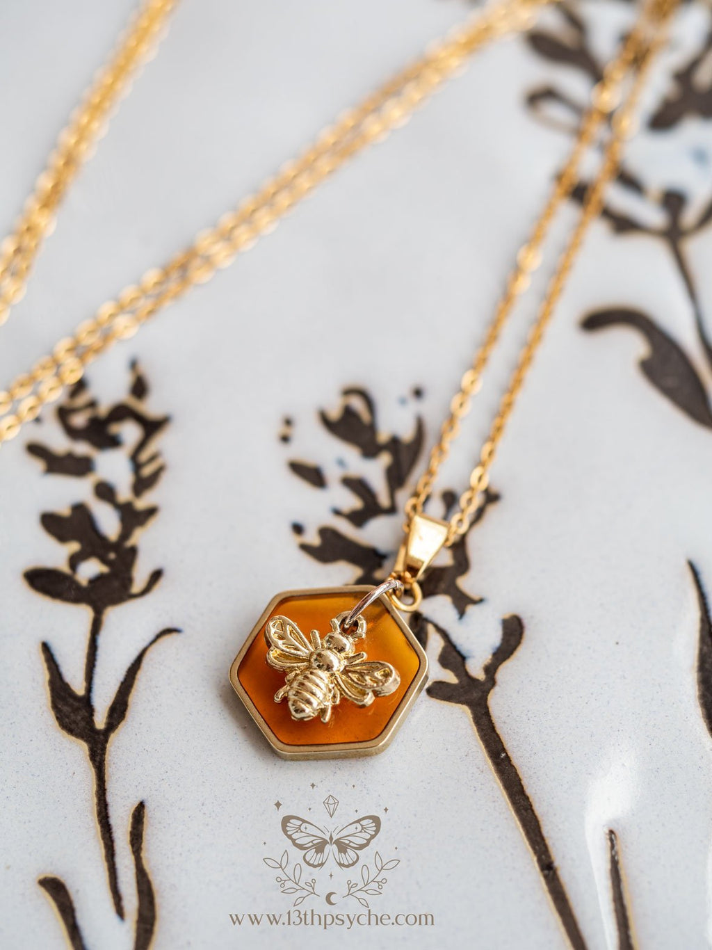 Handmade Amber hexagon and bee pendant necklace - 13th Psyche