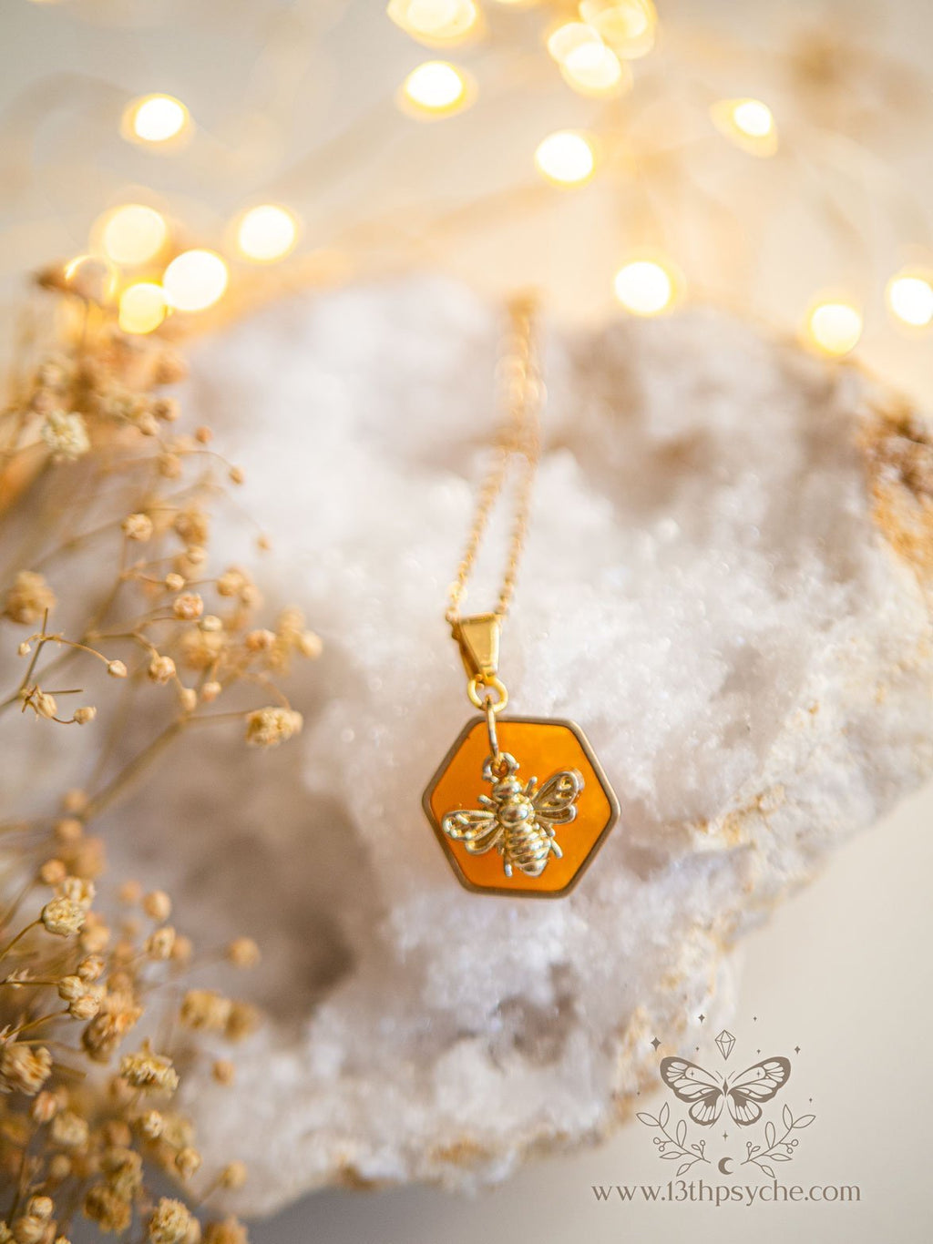 Handmade Amber hexagon and bee pendant necklace - 13th Psyche