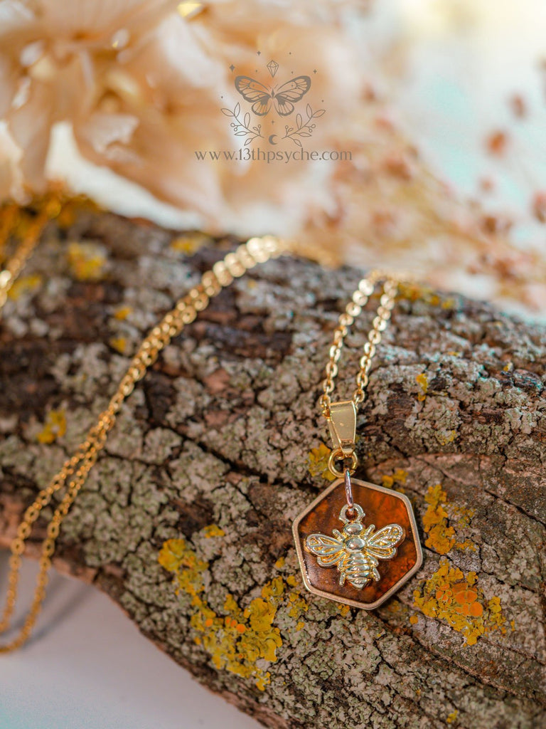 Handmade Amber hexagon and bee pendant necklace - 13th Psyche