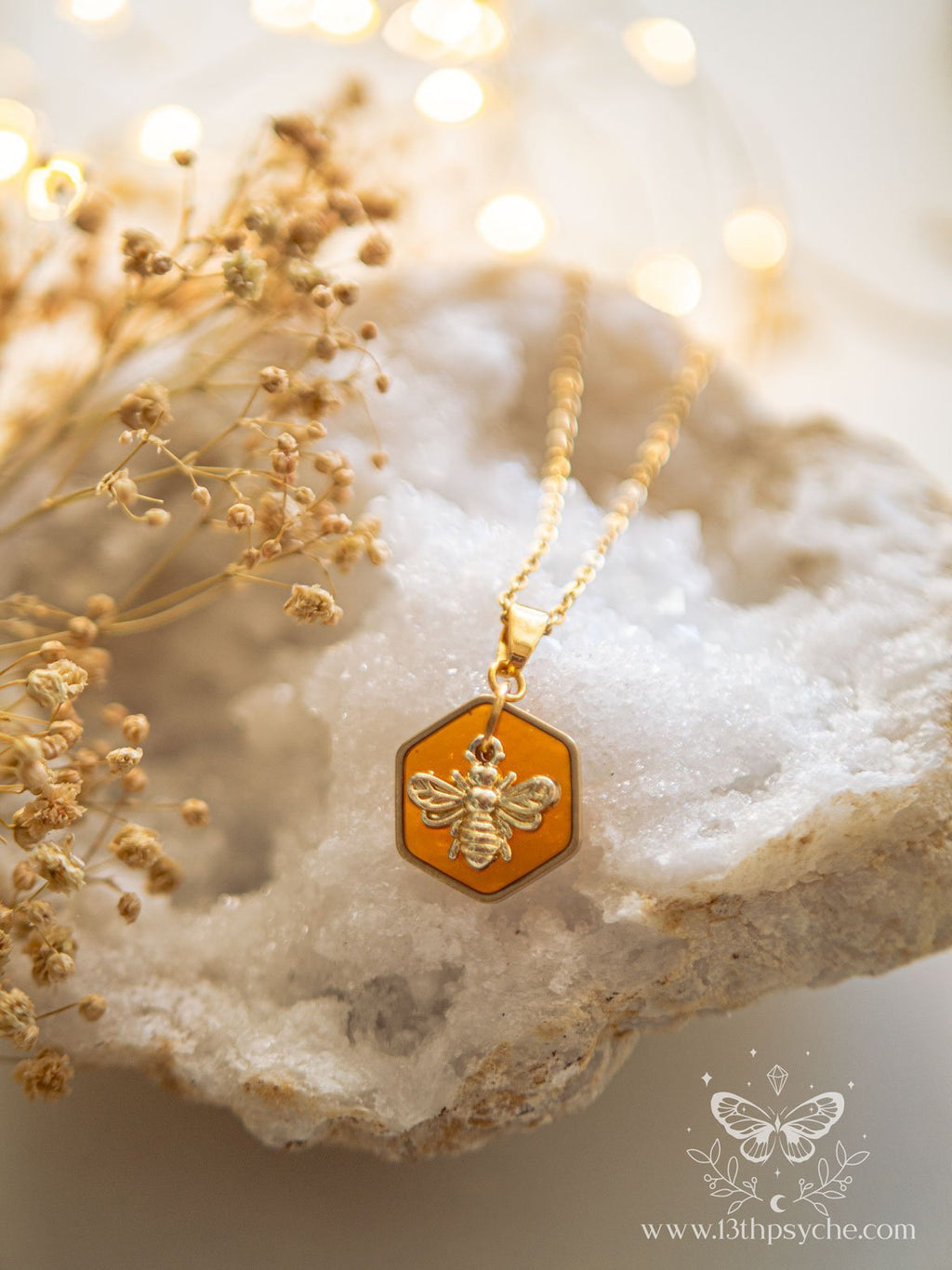 Handmade Amber hexagon and bee pendant necklace - 13th Psyche