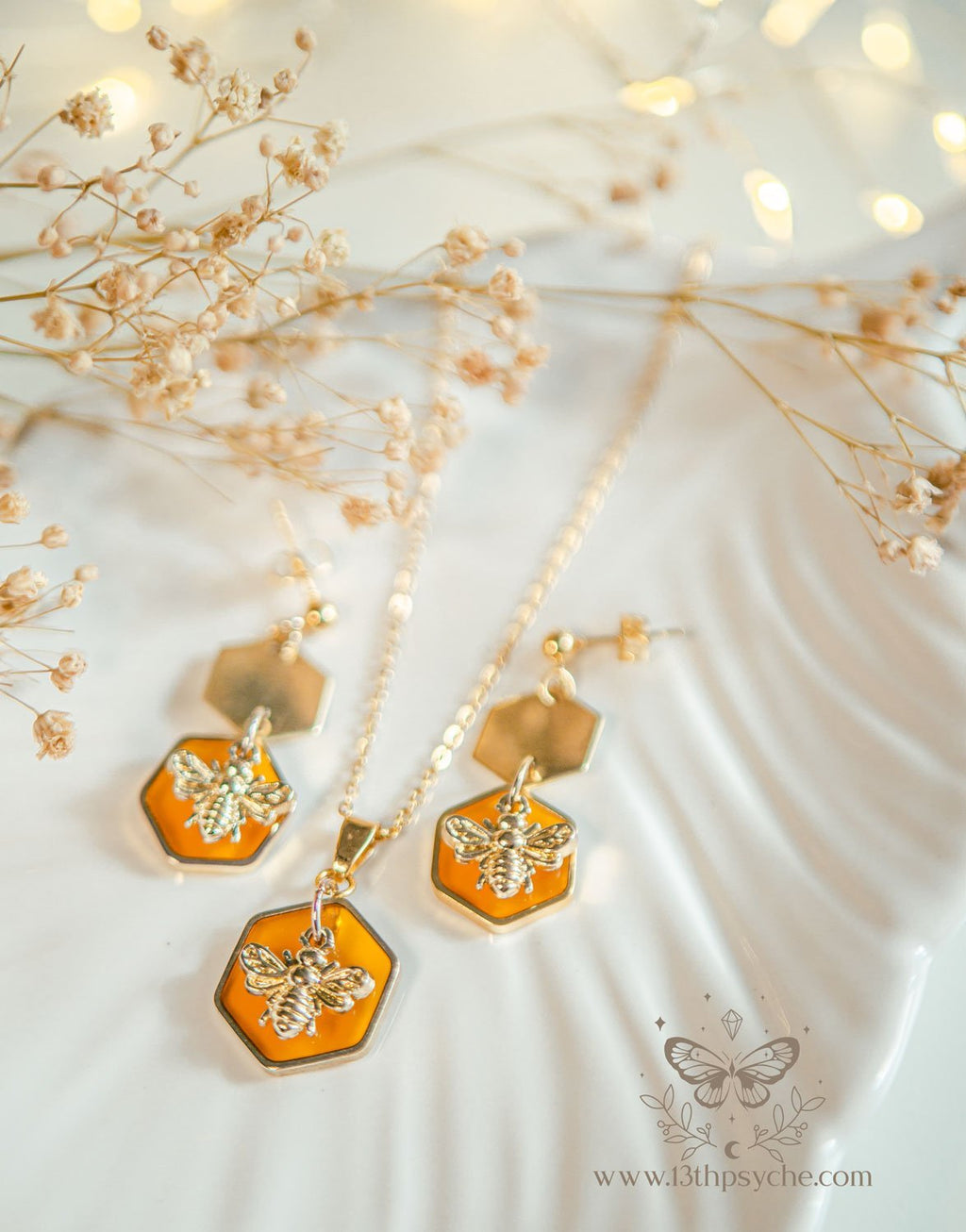 Handmade Amber hexagon and bees earrings and necklace set - 13th Psyche