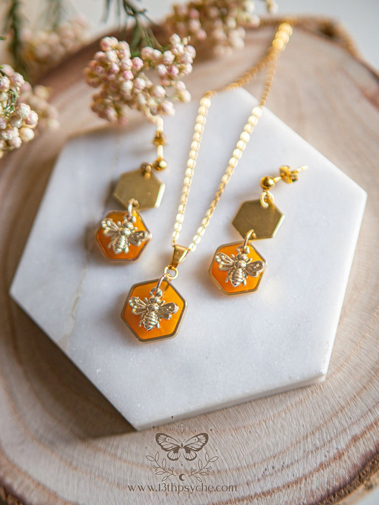 Handmade Amber hexagon and bees earrings and necklace set - 13th Psyche