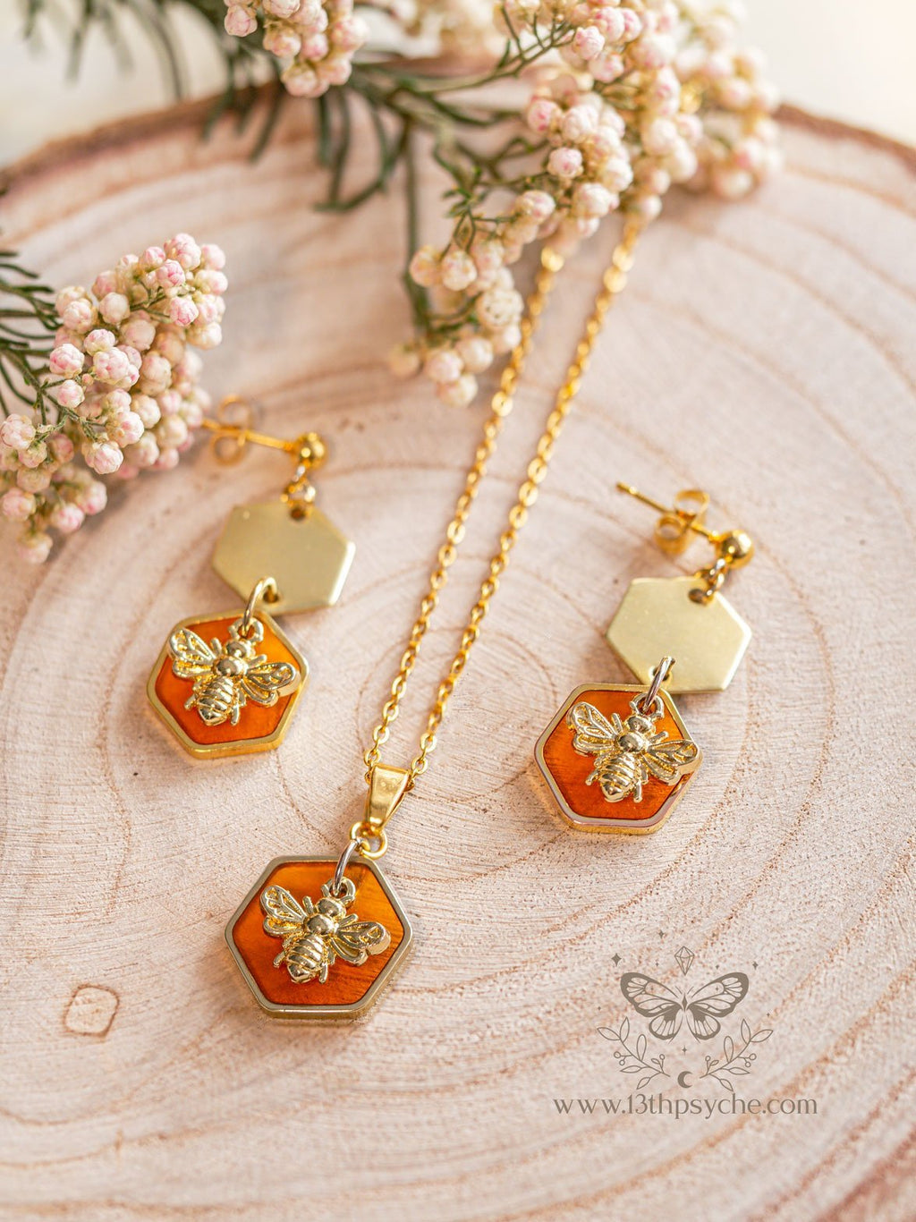 Handmade Amber hexagon and bees earrings and necklace set - 13th Psyche