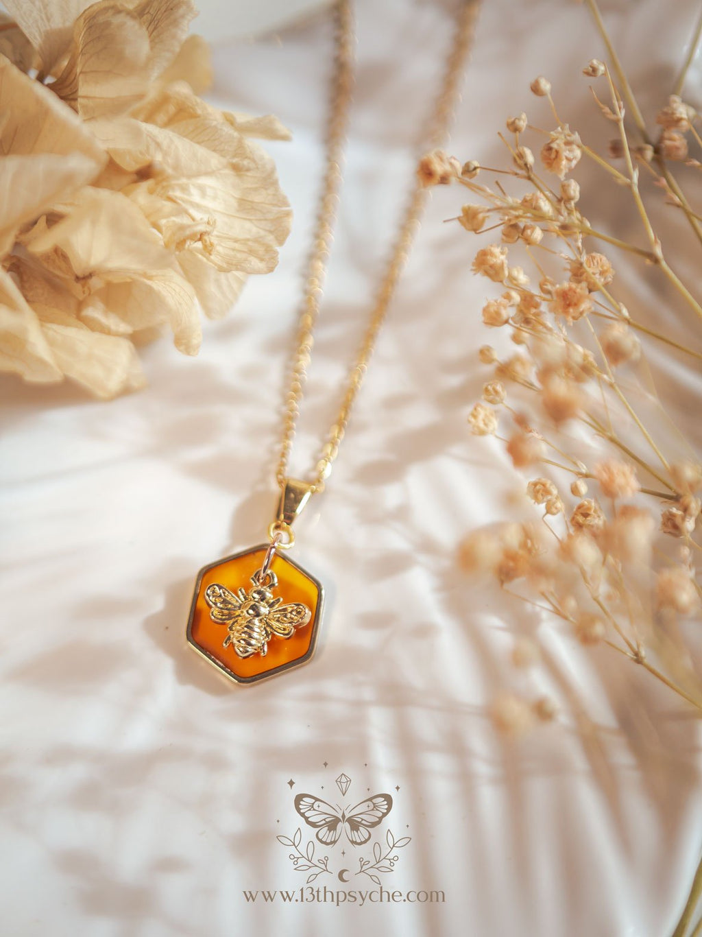 Handmade Amber hexagon and bees earrings and necklace set - 13th Psyche