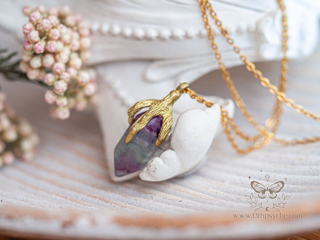 Handmade Bird claw and fluorite pendant necklace - 13th Psyche