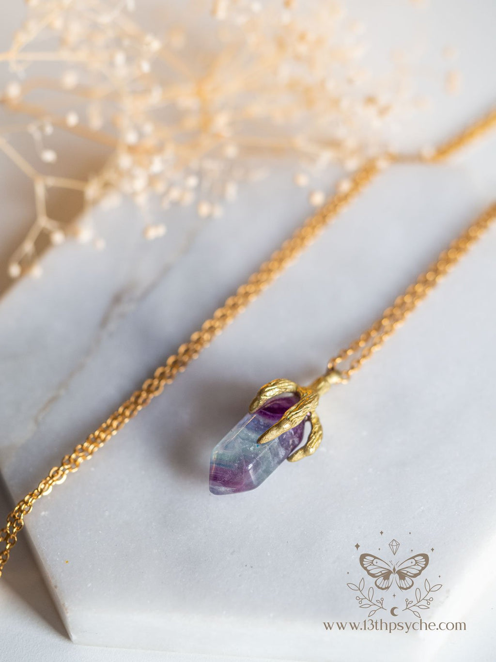 Handmade Bird claw and fluorite pendant necklace - 13th Psyche