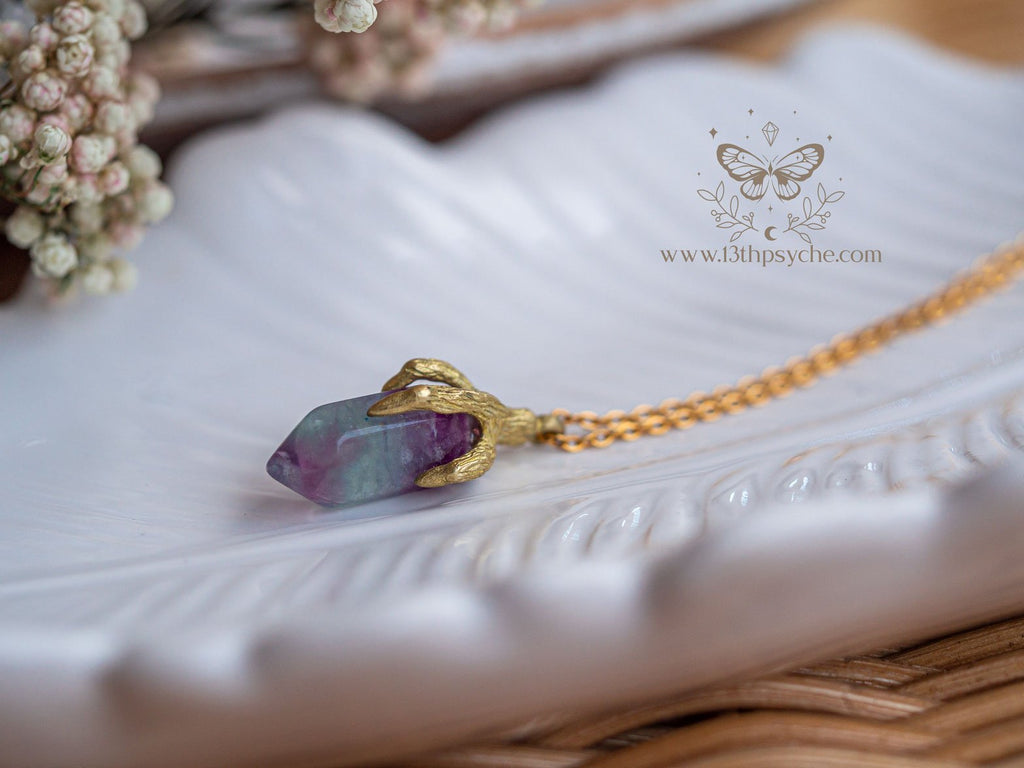 Handmade Bird claw and fluorite pendant necklace - 13th Psyche