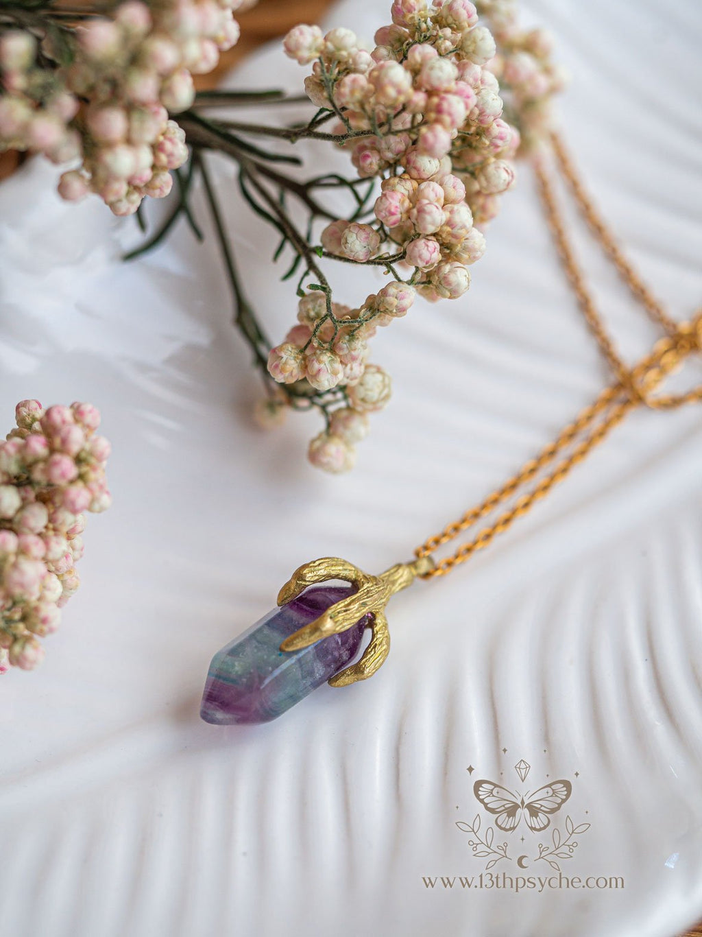 Handmade Bird claw and fluorite pendant necklace - 13th Psyche