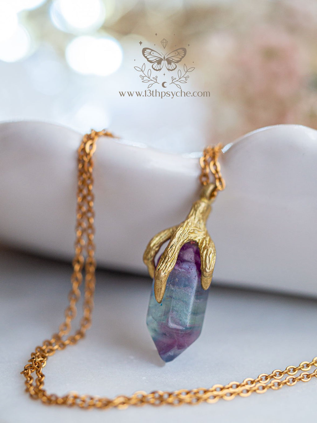 Handmade Bird claw and fluorite pendant necklace - 13th Psyche