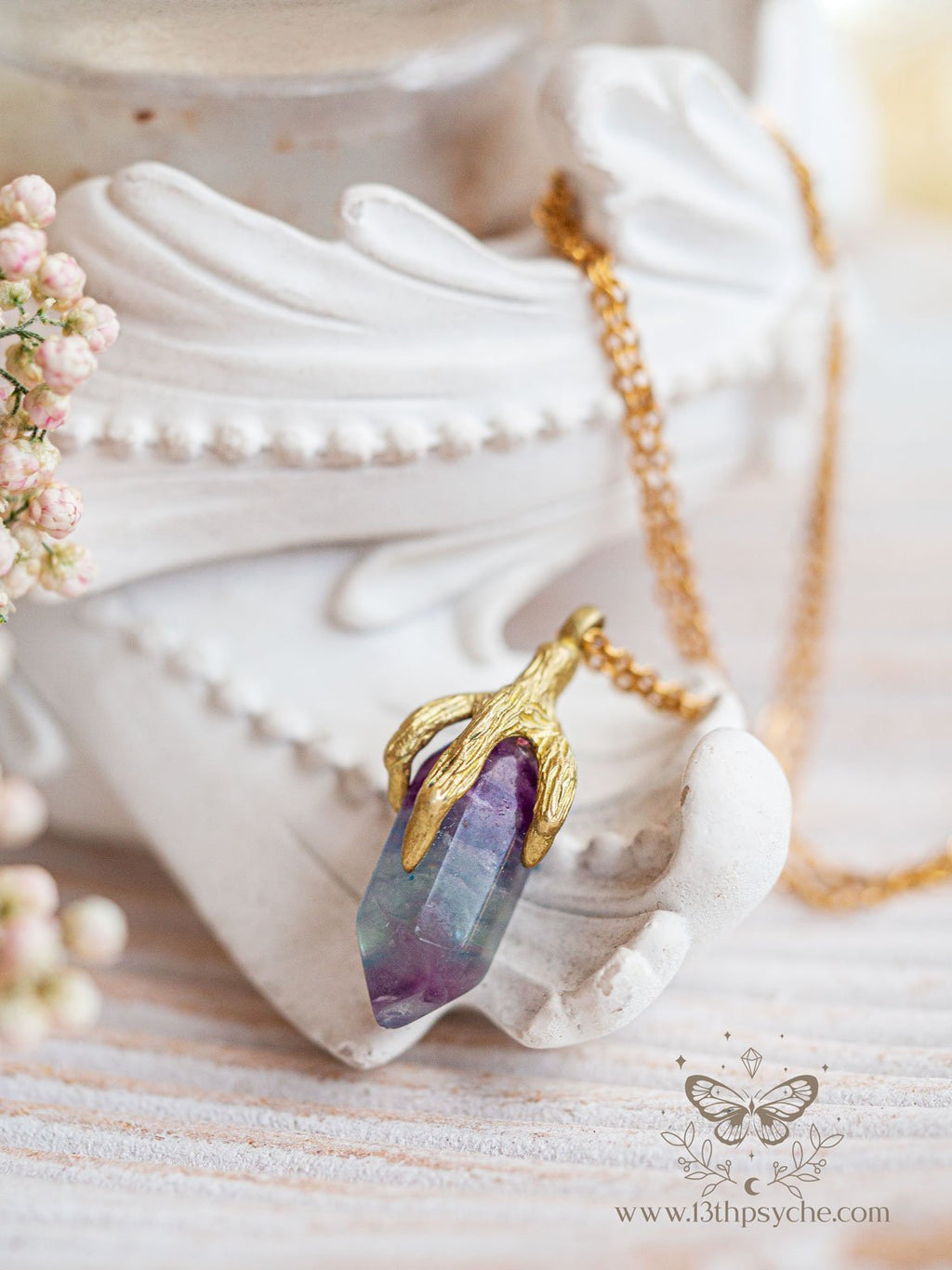 Handmade Bird claw and fluorite pendant necklace - 13th Psyche