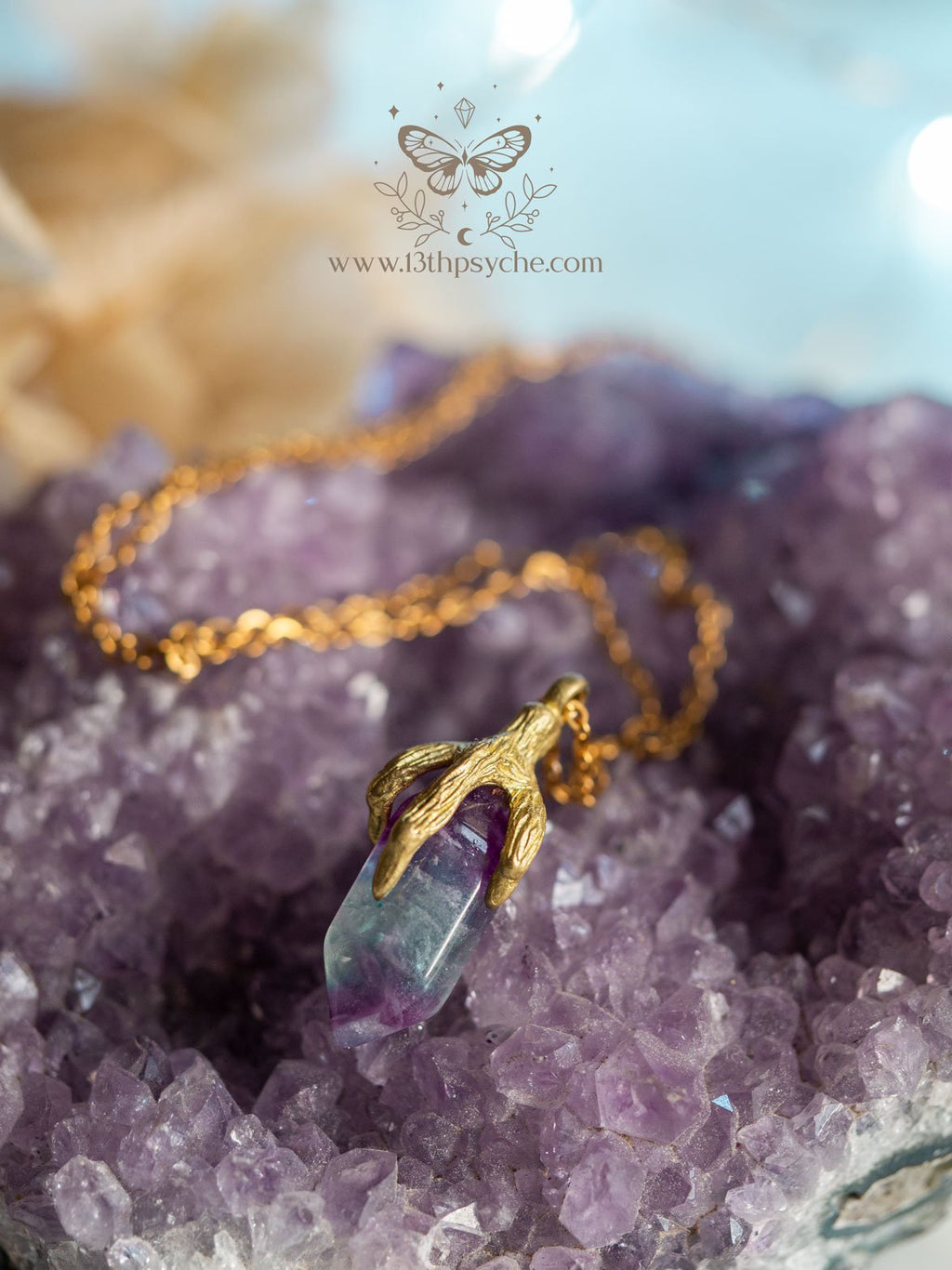 Handmade Bird claw and fluorite pendant necklace - 13th Psyche