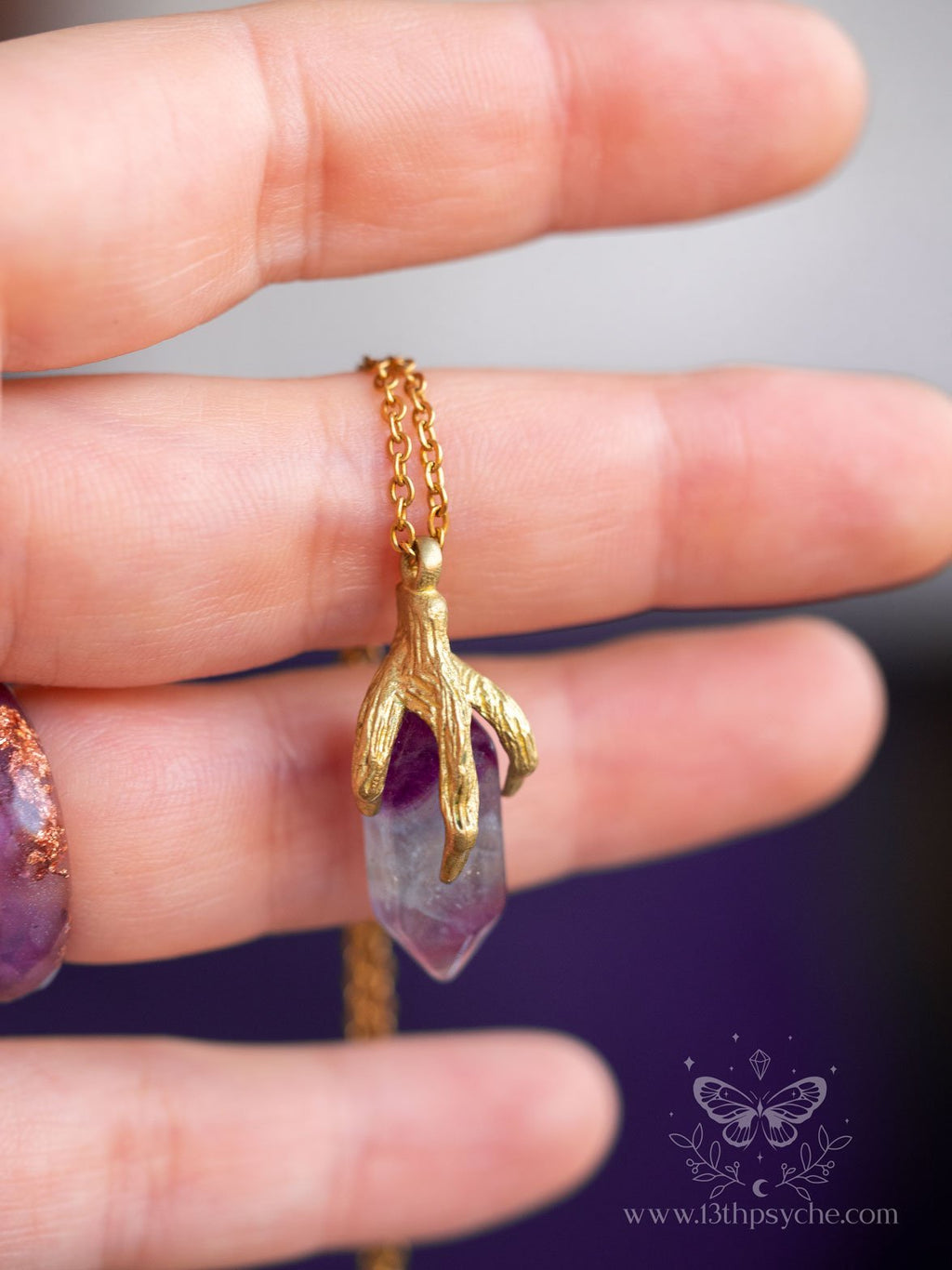 Handmade Bird claw and fluorite pendant necklace - 13th Psyche