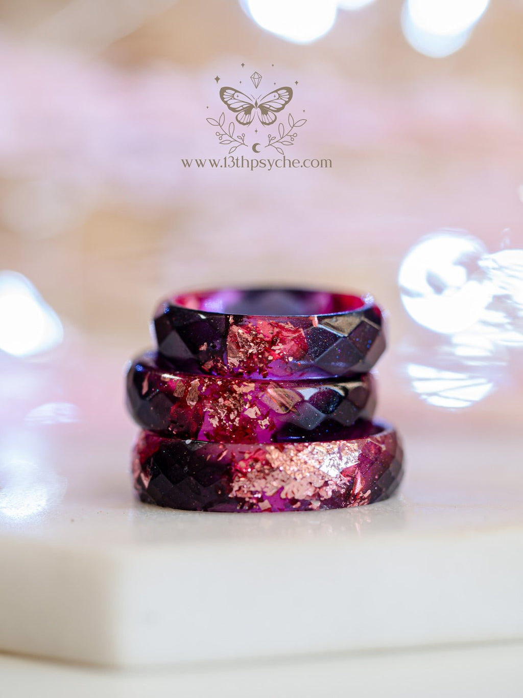 Handmade Black and Pink faceted resin ring with pink metallic flakes - 13th Psyche