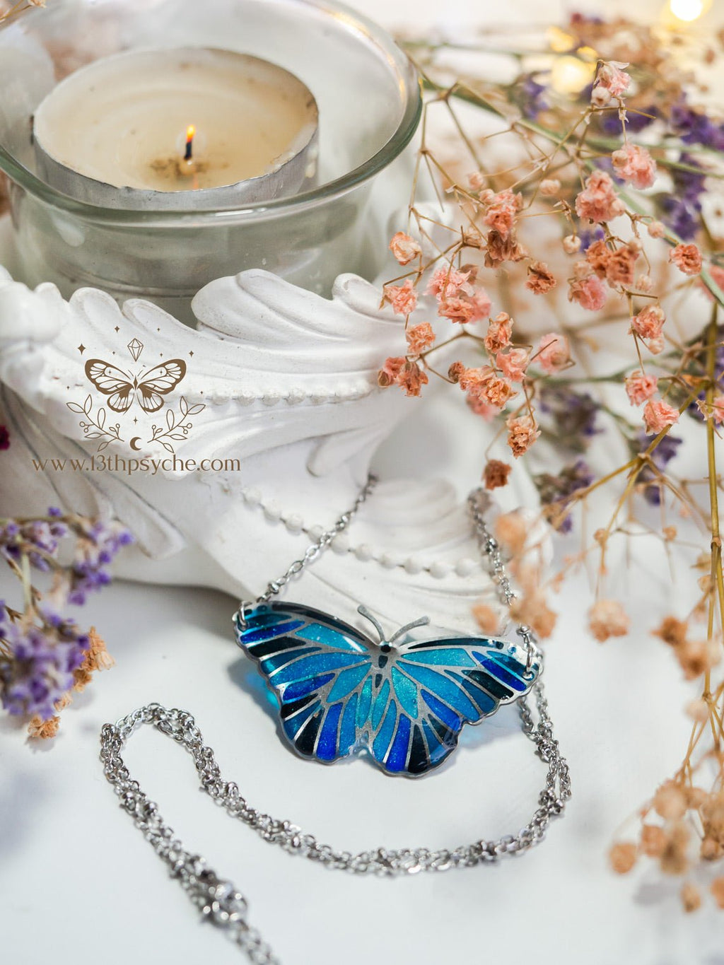 Handmade Blue butterfly choker necklace, Stained glass inspired - 13th Psyche